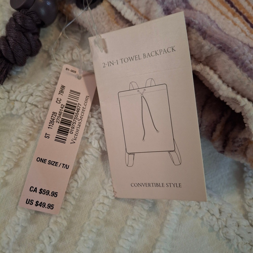 Victoria's Secret 2-in-1 Towel Backpack Purple Floral Striped Drom Resort NWT - Picture 2 of 13